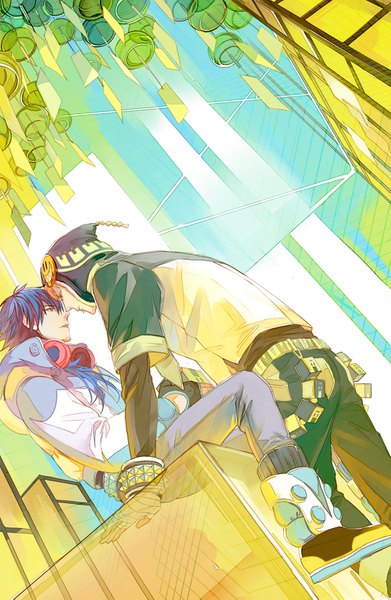 Anime picture 1000x1533 with dramatical murder nitro+chiral aoba (dmmd) noiz (dmmd) niaoniao long hair tall image fringe short hair blonde hair hair between eyes standing sitting holding yellow eyes payot blue hair full body parted lips profile