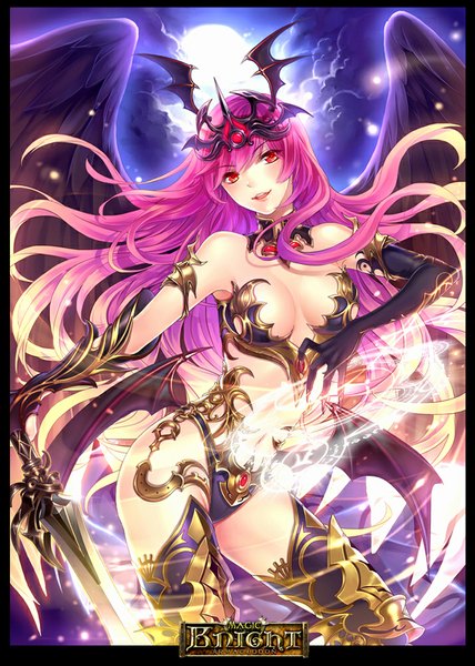 Anime picture 714x1000 with magic knight armageddon sukiblog single long hair tall image open mouth light erotic smile red eyes pink hair cloud (clouds) lips inscription night night sky girl gloves hair ornament weapon sword