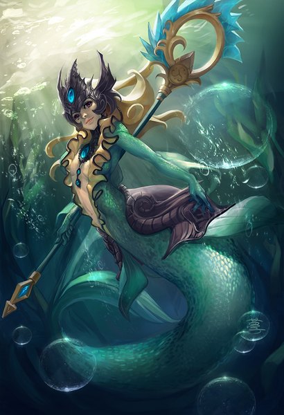 Anime picture 650x950 with league of legends nami (league of legends) lucidsky long hair tall image looking at viewer blonde hair smile red eyes tail sunlight underwater fish tail girl bubble (bubbles) staff mermaid