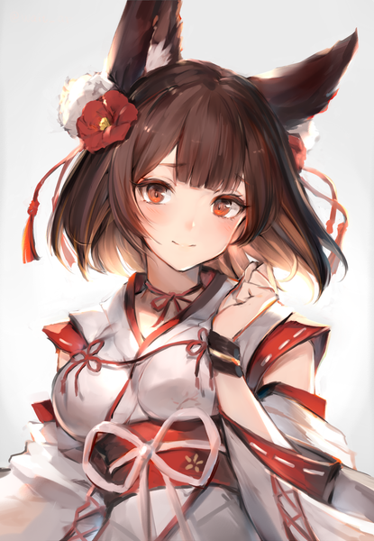 Anime picture 1385x2000 with original watao single tall image looking at viewer fringe short hair simple background brown hair brown eyes animal ears upper body traditional clothes japanese clothes hair flower light smile grey background girl flower (flowers) detached sleeves