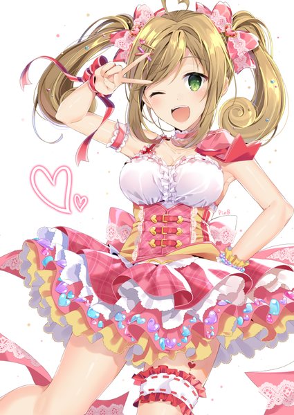 Anime picture 700x989 with idolmaster idolmaster cinderella girls idolmaster cinderella girls starlight stage satou shin pinb single long hair tall image open mouth brown hair white background twintails green eyes ahoge one eye closed wink hand on hip victory ;d heart to heart