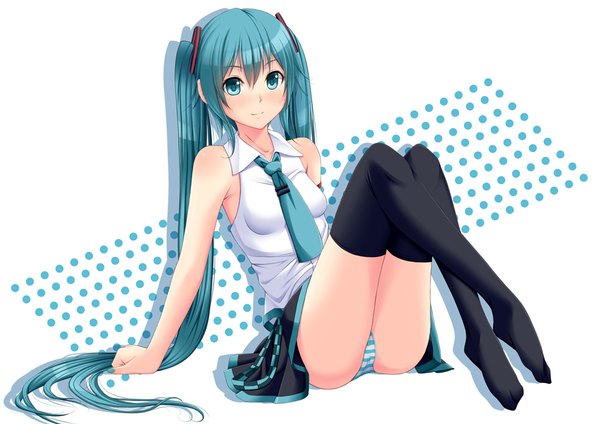 Anime picture 921x651 with vocaloid hatsune miku chiro (pixiv) single looking at viewer blush blue eyes light erotic twintails bare shoulders blue hair very long hair girl thighhighs skirt underwear panties black thighhighs miniskirt necktie
