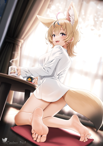Anime picture 1030x1457 with virtual youtuber hololive omaru polka casino (casinoep) single tall image looking at viewer fringe short hair breasts open mouth light erotic blonde hair hair between eyes signed animal ears full body ahoge indoors tail