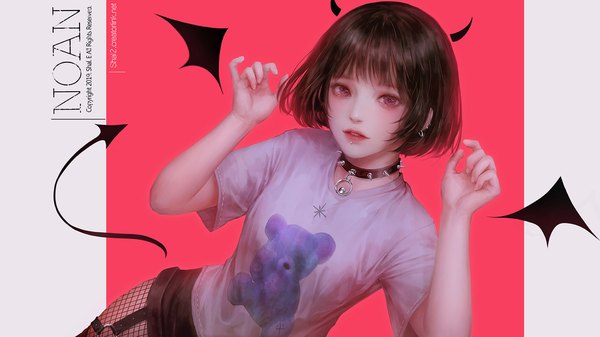 Anime picture 1920x1080 with original shale single looking at viewer fringe highres short hair black hair simple background wide image signed tail blunt bangs parted lips pink eyes arm up horn (horns) lips realistic dutch angle