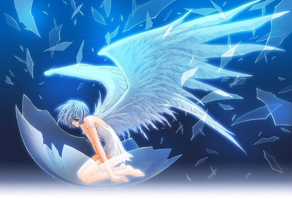 Anime picture 4350x2970 with highres short hair blue eyes blue hair blue background wings