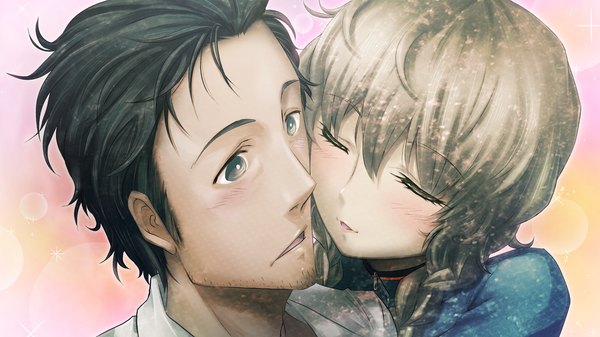 Anime picture 1280x720 with steins;gate white fox okabe rintarou amane suzuha huke long hair short hair black hair brown hair wide image game cg eyes closed black eyes girl boy