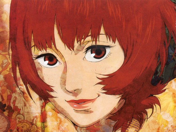Anime picture 1600x1200 with paprika madhouse paprika (character) kon satoshi single looking at viewer smile red eyes red hair lipstick close-up cropped cover cover page girl