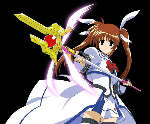 Anime picture 1457x1200 with mahou shoujo lyrical nanoha takamachi nanoha single long hair blue eyes simple background brown hair twintails looking away zettai ryouiki black background fighting stance girl thighhighs staff