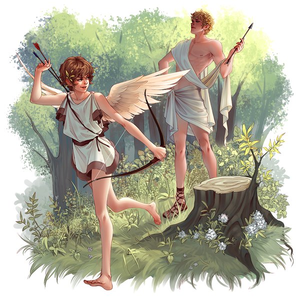 Anime-Bild 1200x1200 mit mythology greek mythology eros (greek mythology) apollo (greek mythology) whispwill short hair blonde hair brown hair standing bare shoulders holding green eyes full body outdoors looking back barefoot multiple boys bare legs hand on hip muscle