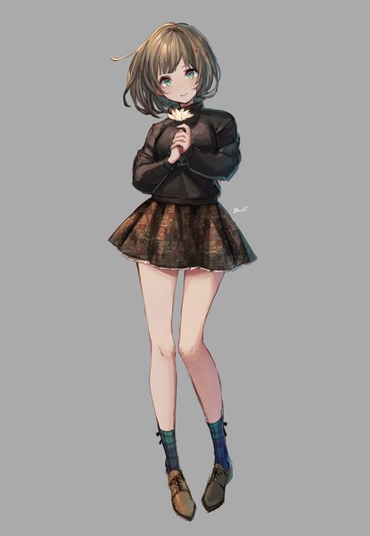 Anime picture 1383x2000 with original yu-ri single tall image looking at viewer short hair simple background brown hair green eyes full body grey background plaid long legs girl skirt hair ornament flower (flowers) miniskirt socks turtleneck