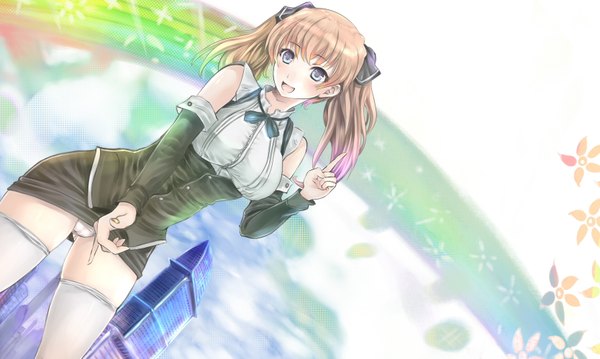 Anime picture 1668x1000 with rio rainbow gate! anya helsing vicsen-u5 single open mouth blue eyes light erotic brown hair wide image twintails pantyshot girl thighhighs uniform detached sleeves white thighhighs building (buildings)