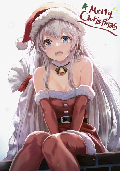 Anime picture 663x950 with original kurono mitsuki single long hair tall image looking at viewer fringe open mouth blue eyes light erotic hair between eyes cleavage silver hair :d fur trim christmas merry christmas girl hat fur