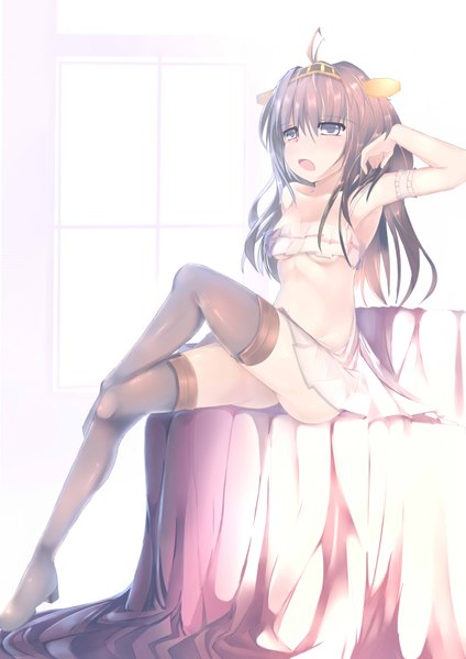 Anime picture 2480x3507 with kantai collection kongou battleship laomeng single long hair tall image highres open mouth light erotic brown hair sitting ahoge grey eyes partial nude girl hairband thigh boots