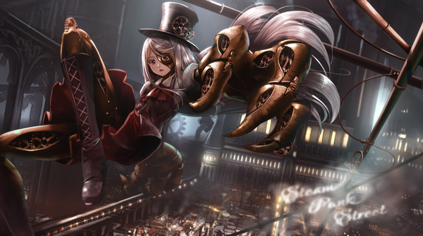Anime-Bild 1500x839 mit original ryosios single long hair fringe open mouth red eyes wide image silver hair full body bent knee (knees) outdoors inscription puffy sleeves city lacing city lights midair mechanical arms mechanical parts