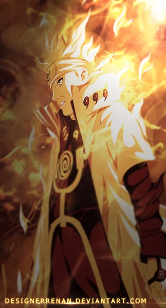 Anime picture 656x1216 with naruto studio pierrot naruto (series) uzumaki naruto designerrenan single tall image short hair blonde hair yellow eyes sunlight coloring magic jinchuriki boy cloak fire bandana