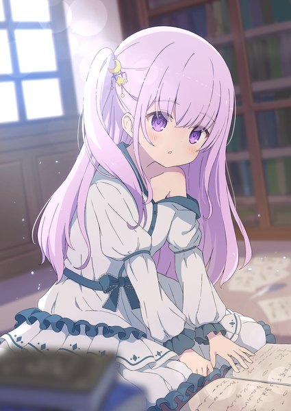 Anime picture 1417x2000 with original tyakomis single long hair tall image blush fringe light erotic hair between eyes sitting purple eyes purple hair indoors off shoulder loli one side up lens flare girl dress hair ornament