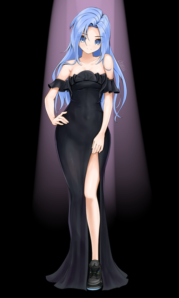 Anime picture 1200x2000 with original nike air jordan minah (chaesu) chaesu single long hair tall image looking at viewer breasts blue eyes smile bare shoulders blue hair cleavage full body bare legs hand on hip covered navel black background