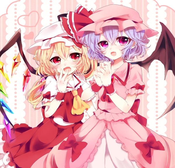 Anime picture 1500x1442 with touhou flandre scarlet remilia scarlet asprach blush short hair open mouth blonde hair red eyes multiple girls blue hair teeth fang (fangs) girl dress skirt bow 2 girls wings frills