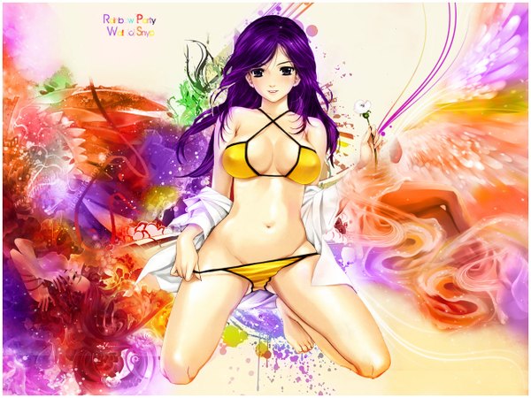 Anime picture 1280x960 with snyp (r0pyns) long hair breasts light erotic purple eyes purple hair open clothes open shirt erect nipples kneeling covered nipples bikini pull flower (flowers) swimsuit bikini