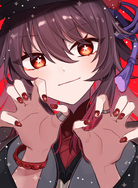Anime picture 1000x1365 with genshin impact hu tao (genshin impact) boo tao (genshin impact) nagano ayu single long hair tall image looking at viewer fringe hair between eyes red eyes brown hair upper body nail polish head tilt symbol-shaped pupils red background red nail polish claw pose nail art