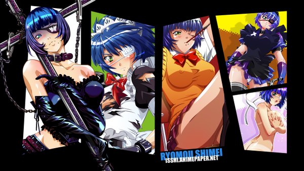 Anime picture 2560x1440 with ikkitousen ryomou shimei blush highres short hair light erotic wide image green eyes blue hair one eye closed wink maid girl gloves bow serafuku elbow gloves chain eyepatch cross