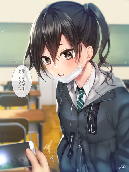 Anime picture 2400x3200 with idolmaster idolmaster cinderella girls sunazuka akira sakiryo kanna tall image blush fringe highres short hair open mouth black hair hair between eyes twintails brown eyes signed payot upper body indoors mole depth of field