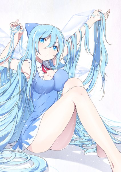 Anime picture 1061x1500 with touhou cirno yamada ranga single tall image blush breasts blue eyes light erotic simple background large breasts white background very long hair barefoot legs alternate hairstyle alternate hair length girl dress bow