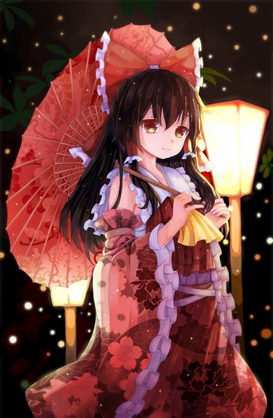 Anime picture 1302x2000 with touhou hakurei reimu dead line single long hair tall image looking at viewer black hair brown eyes traditional clothes japanese clothes light smile wide sleeves floral print miko girl bow hair bow detached sleeves frills