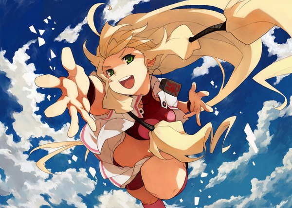 Anime picture 1750x1250 with original penguin caee single highres open mouth blonde hair green eyes sky cloud (clouds) ahoge outstretched arm girl