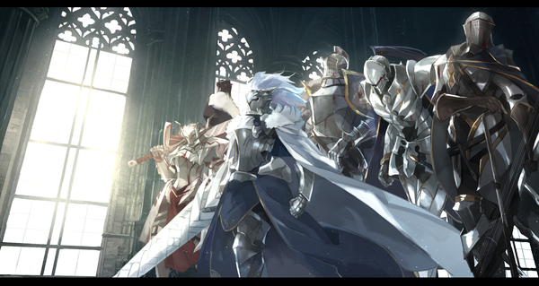 Anime picture 2580x1375 with fate (series) fate/grand order artoria pendragon (all) saber mordred (fate) artoria pendragon (lancer) gawain (fate) lancelot (fate/grand order) tristan (fate) agravain (fate) mono (jdaj) highres wide image multiple girls holding multiple boys leaning leaning forward letterboxed walking
