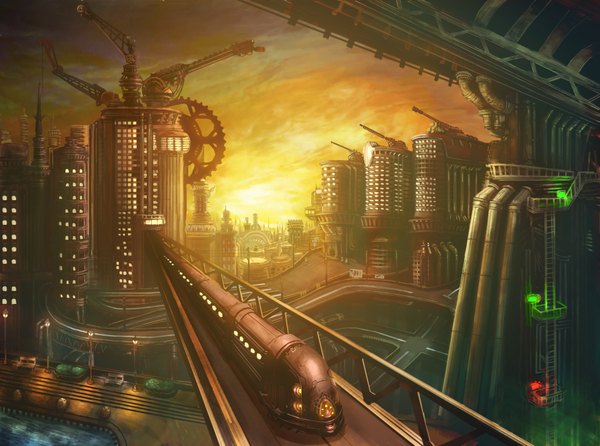 Anime picture 2000x1488 with original cherokee (1021tonii) highres city evening sunset cityscape crossover mechanical weapon building (buildings) road train