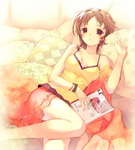 Anime picture 1050x1168 with original takeda mika single tall image looking at viewer blush short hair red eyes brown hair bare shoulders lying barefoot bare legs sleeveless girl skirt miniskirt bracelet pillow blouse