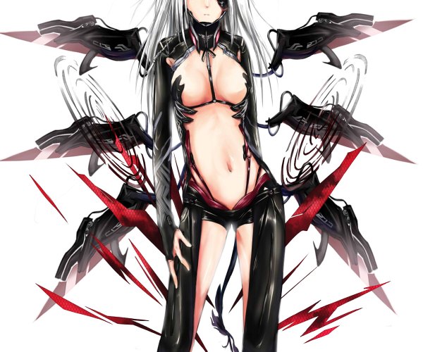 Anime picture 1200x1000 with million arthur (series) kaku-san-sei million arthur square enix sakou ryou single long hair breasts light erotic large breasts standing white hair bare belly mechanical wings multiple wings girl wings shorts short shorts