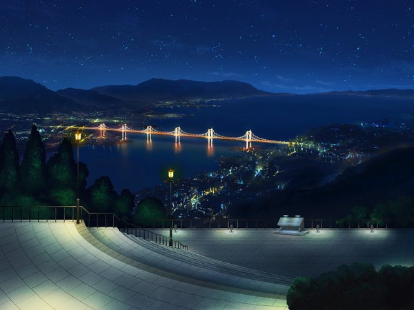 Anime picture 1600x1200 with rui wa tomo wo yobu sky night night sky city cityscape no people scenic city lights water star (stars) lantern bridge