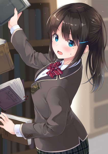 Anime picture 2893x4092 with original unasaka ryou single long hair tall image looking at viewer blush fringe highres breasts open mouth blue eyes hair between eyes brown hair standing holding payot ponytail indoors fingernails