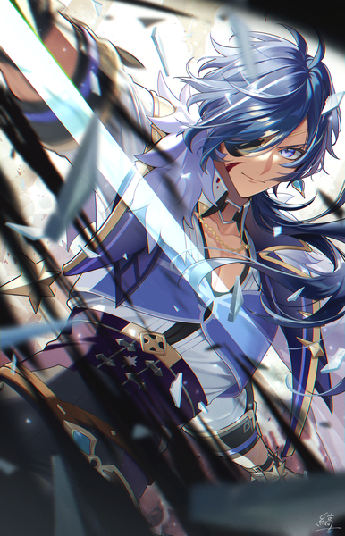 Anime picture 1801x2800 with genshin impact kaeya alberich noes single long hair tall image looking at viewer fringe highres blue eyes blue hair hair over one eye boy weapon earrings sword eyepatch