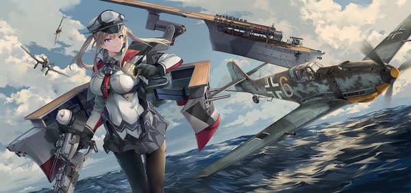 Anime picture 1700x802 with kantai collection graf zeppelin (kantai collection) neko (yanshoujie) single long hair fringe smile hair between eyes wide image standing twintails holding payot looking away sky cloud (clouds) long sleeves pleated skirt wind thigh gap