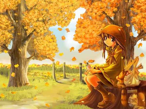 Anime picture 1280x960 with single smile brown hair brown eyes braid (braids) twin braids autumn girl ribbon (ribbons) plant (plants) hat animal tree (trees) shoes leaf (leaves) squirrel
