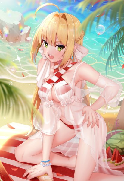 Anime picture 2200x3200 with fate (series) fate/grand order nero claudius (fate) (all) nero claudius (swimsuit caster) (fate) weizhi single long hair tall image looking at viewer blush fringe highres breasts open mouth light erotic blonde hair smile large breasts green eyes payot