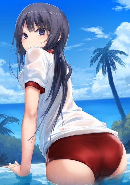 Anime picture 1447x2046 with original shiramine rika coffee-kizoku single long hair tall image looking at viewer fringe blue eyes light erotic black hair standing sky cloud (clouds) outdoors ass looking back arm support short sleeves partially submerged