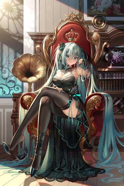 Anime picture 2631x3939 with vocaloid hatsune miku meion single tall image looking at viewer blush fringe highres breasts smile hair between eyes large breasts sitting cleavage full body indoors very long hair nail polish head tilt