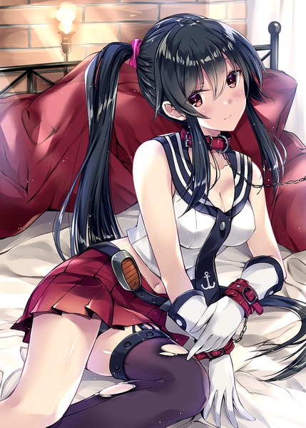 Anime picture 1110x1553 with kantai collection yahagi light cruiser kobayashi chisato single long hair tall image looking at viewer blush fringe breasts light erotic black hair hair between eyes red eyes bare shoulders payot cleavage ponytail indoors head tilt