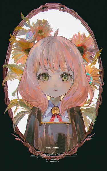 Anime picture 600x960 with spy x family anya (spy x family) say hana single tall image looking at viewer fringe short hair green eyes signed pink hair portrait expressionless girl uniform flower (flowers) school uniform sunflower