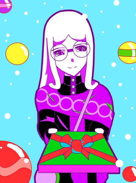 Anime picture 2481x3335 with original fenno7 single long hair tall image looking at viewer fringe highres simple background smile standing purple eyes holding white hair blunt bangs snowing christmas blue background white skin outline