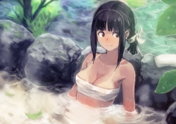 Anime picture 3508x2480 with original okuto single blush fringe highres short hair light erotic black hair smile sitting bare shoulders brown eyes payot looking away absurdres upper body outdoors blunt bangs partially submerged