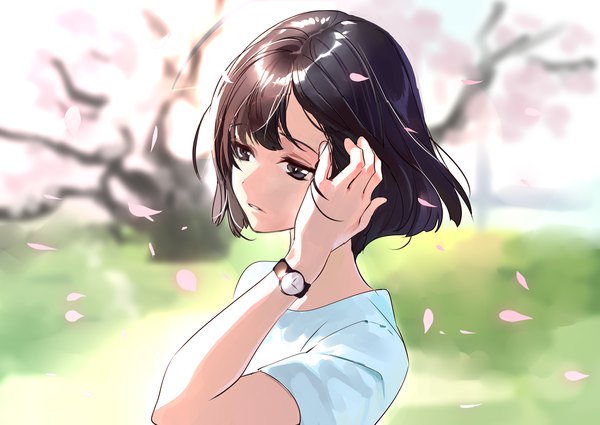 Anime picture 1500x1063 with original comeo single fringe short hair hair between eyes brown hair looking away upper body outdoors parted lips wind black eyes blurry depth of field cherry blossoms adjusting hair spring girl plant (plants)