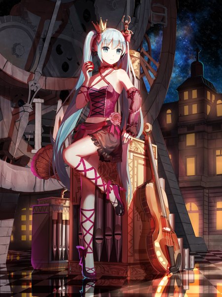 Anime picture 2400x3200 with vocaloid romeo to cinderella (vocaloid) hatsune miku red flowers single tall image highres blue eyes twintails looking away very long hair aqua hair checkered floor floor girl dress fruit crown musical instrument apple