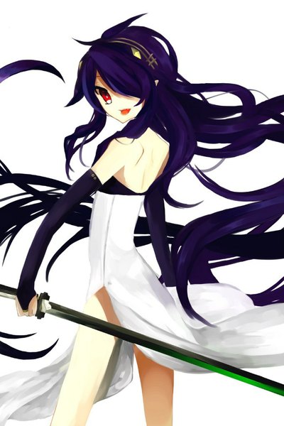 Anime picture 682x1024 with owari no seraph wit studio ashuramaru karasu sagi tall image fringe simple background smile red eyes white background bare shoulders purple hair very long hair parted lips looking back hair over one eye otoko no ko dress boy gloves