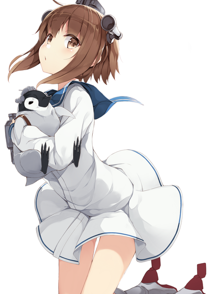 Anime picture 2480x3507 with kantai collection yukikaze destroyer mafu9 single tall image blush highres short hair simple background brown hair white background holding brown eyes looking away ahoge :o jumping adapted costume girl uniform