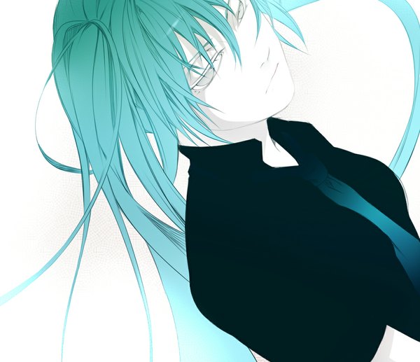 Anime picture 1018x878 with vocaloid hatsune miku yueji ya kui liang single long hair fringe simple background white background twintails from above aqua hair grey eyes pale skin open collar girl shirt necktie black shirt
